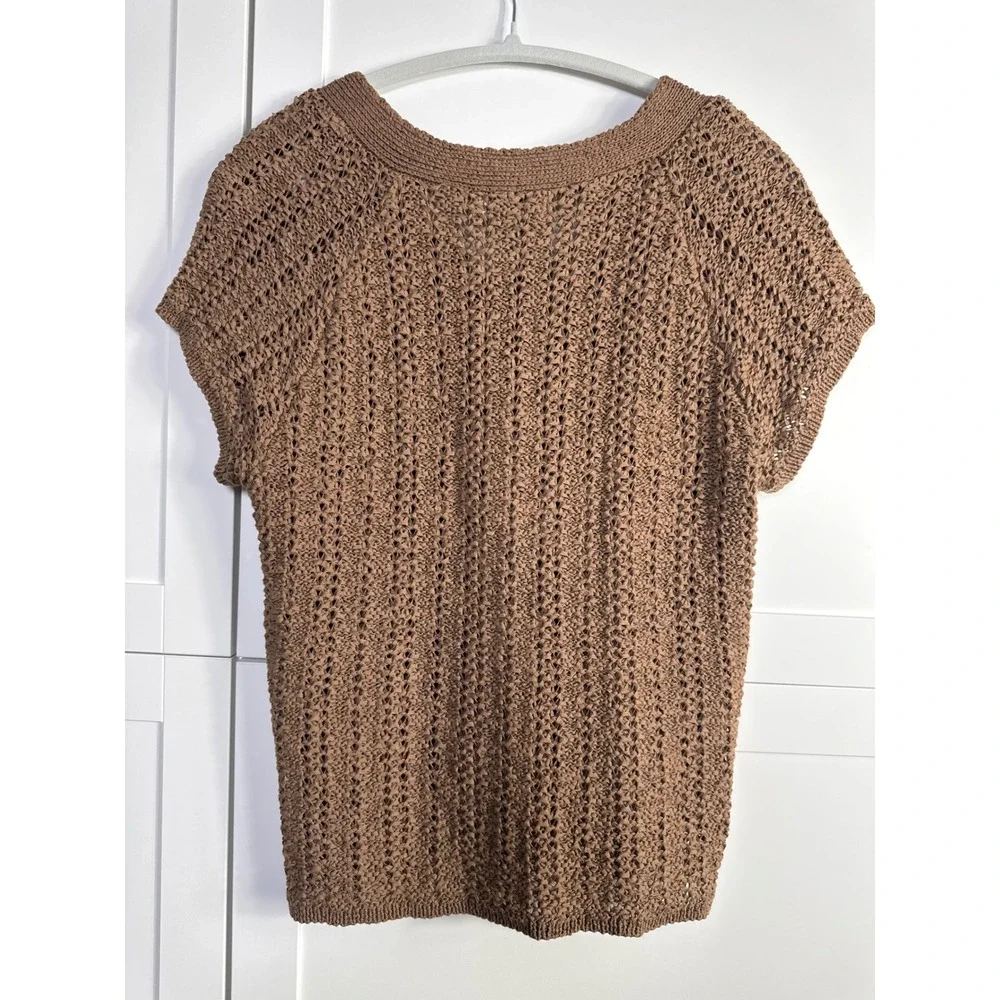 Tweeds Brown Crochet Knit Button Front Short Sleeve Top Women Size L - Picture 2 of 6